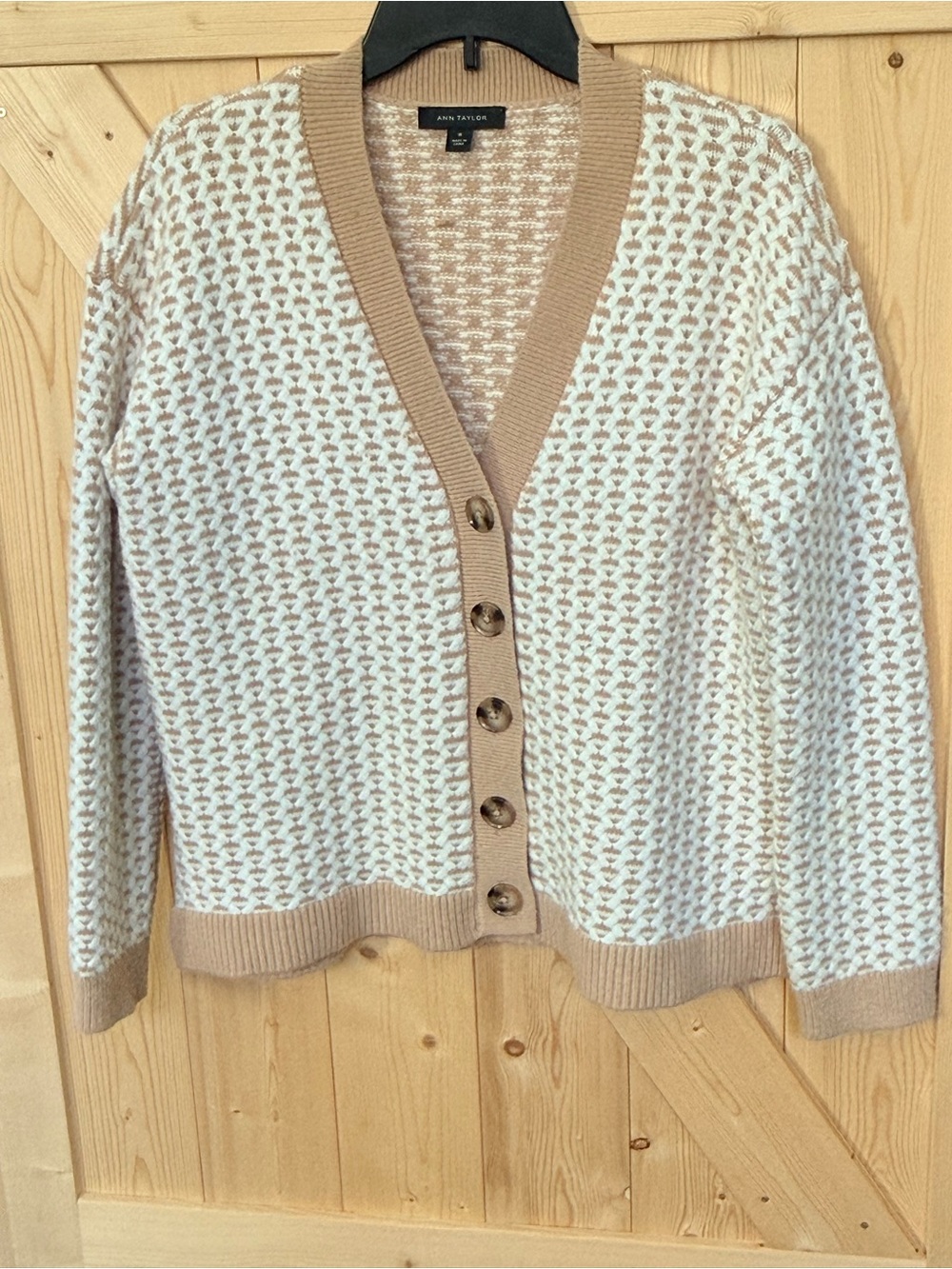 Ann Taylor Cream and Tan V-Neck Buttoned Knit Cardigan